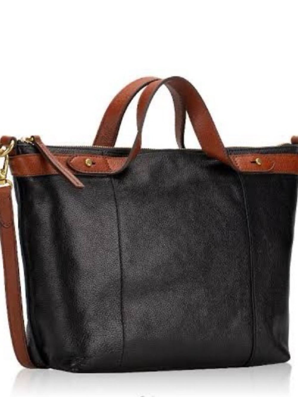 Fossil  “Sadie” Black Leather Tote with Brown Trim and Strap